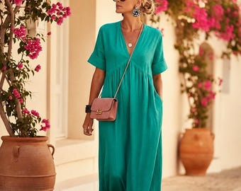 Cotton Linen Maxi Dress, Bohemian Summer Beach Cover Up for Women, V-Neck Maxi with Pockets
