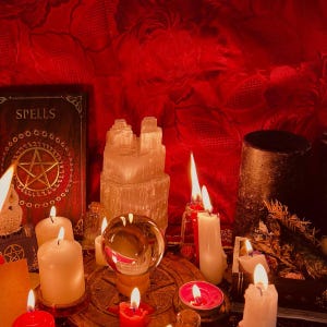 May include: A collection of ritual items including a book titled SPELLS with a gold pentagram, a clear crystal sphere on a wooden base, a tall selenite tower, and multiple lit white and red candles. The scene is set against a deep red fabric.