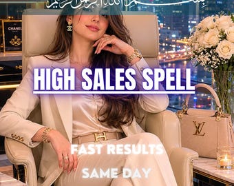 May include: A person in a beige blazer and trousers sits in a chair. Text reads: Bismillah, HIGH SALES SPELL, FAST RESULTS, SAME DAY. A beige handbag with a gold logo, a bouquet of white roses, and a cup of coffee are visible in the scene.