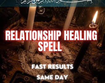 May include: Three lit candles stand around a circle of white salt on a dark surface. The text reads RELATIONSHIP HEALING SPELL, FAST RESULTS, SAME DAY, and Arabic script. Two tarot cards with skull illustrations are visible at the bottom.