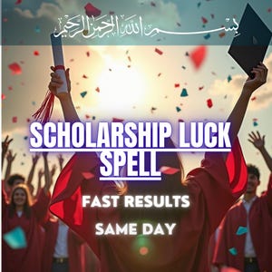 May include: A graduate in a red gown holds a diploma and a black mortarboard cap against a sky filled with colorful confetti. The text reads: SCHOLARSHIP LUCK SPELL, FAST RESULTS, SAME DAY, and includes Arabic calligraphy at the top.