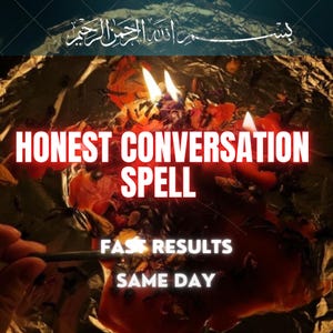 Puede incluir: Una colección de cera roja derritiéndose sobre una superficie de papel aluminio plateado con tres llamas visibles. La imagen presenta el texto blanco HONEST CONVERSATION SPELL, FAST RESULTS y SAME DAY, junto con escritura árabe.