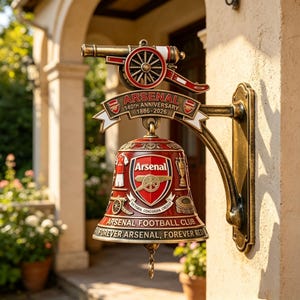 Può includere: Una campana in metallo color bronzo montata a parete con lo stemma dell'Arsenal Football Club, un cannone e il testo Arsenal 140th Anniversary 1886-2026. La campana presenta rilievi dettagliati di una maglia, un trofeo e uno stadio, con la scritta Forever Arsenal, Forever Red.