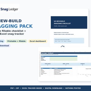 Peut inclure: Un pack numérique de suivi de construction neuve au Royaume-Uni comprenant une liste de contrôle remplissable de 10 pages et un suivi Excel. Le document affiche le logo Snag Ledger, une liste de contrôle et un tableau de bord de suivi Excel.