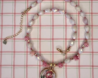 Handmade Cottagecore Necklace | Gold-Plated Enamel Pendant | Faceted Gemstone Beads (16" plus extender)
