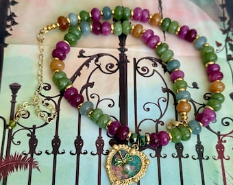 Handmade Whimsical Fall Necklace | Gold-plate Enamel Heart Pendant | Gemstone Beads (20" plus extender)