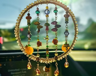 Car Candy Sun Catcher  | Made to Order | Beaded Rearview Mirror Décor (4" circular ring)