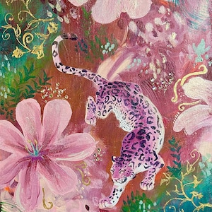 May include: A painting featuring a purple leopard with dark spots positioned centrally among large pink flowers, green foliage, and gold swirling vine accents. The background consists of layered shades of red, pink, and teal with textured brushstrokes.
