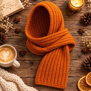 Peut inclure: Une écharpe tricotée orange vif présentant une texture côtelée prononcée. L'écharpe est conçue avec un design en boucle continue, mettant en valeur une composition en fil épais et chaud avec des crêtes verticales constantes sur toute la longueur.
