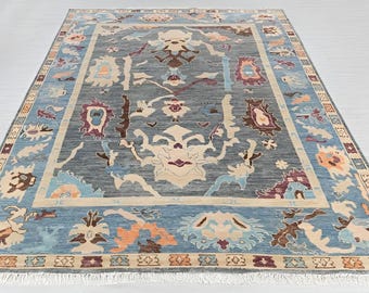 Dusty Blue Oushak Rug, Hand Knotted Floral Wool Carpet, Vintage Turkish Area Rug, Traditional Blue Ivory Living Room Rug