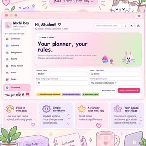 The customize settings page of the student planner app is shown with input fields for user name and school label, alongside stationery icons.
