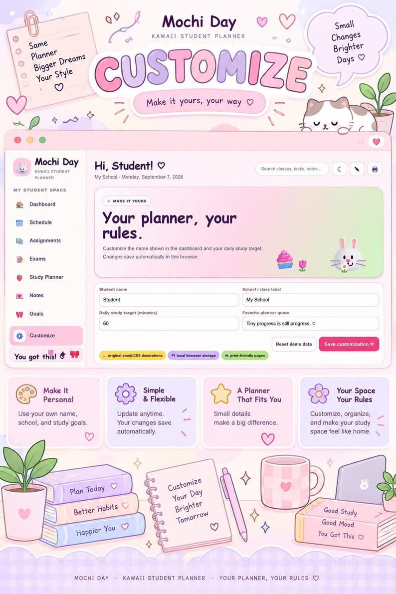 The customize settings page of the student planner app is shown with input fields for user name and school label, alongside stationery icons.