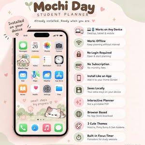 A smartphone showing the student planner home screen alongside a list of features including offline access, local saving, and no login required.