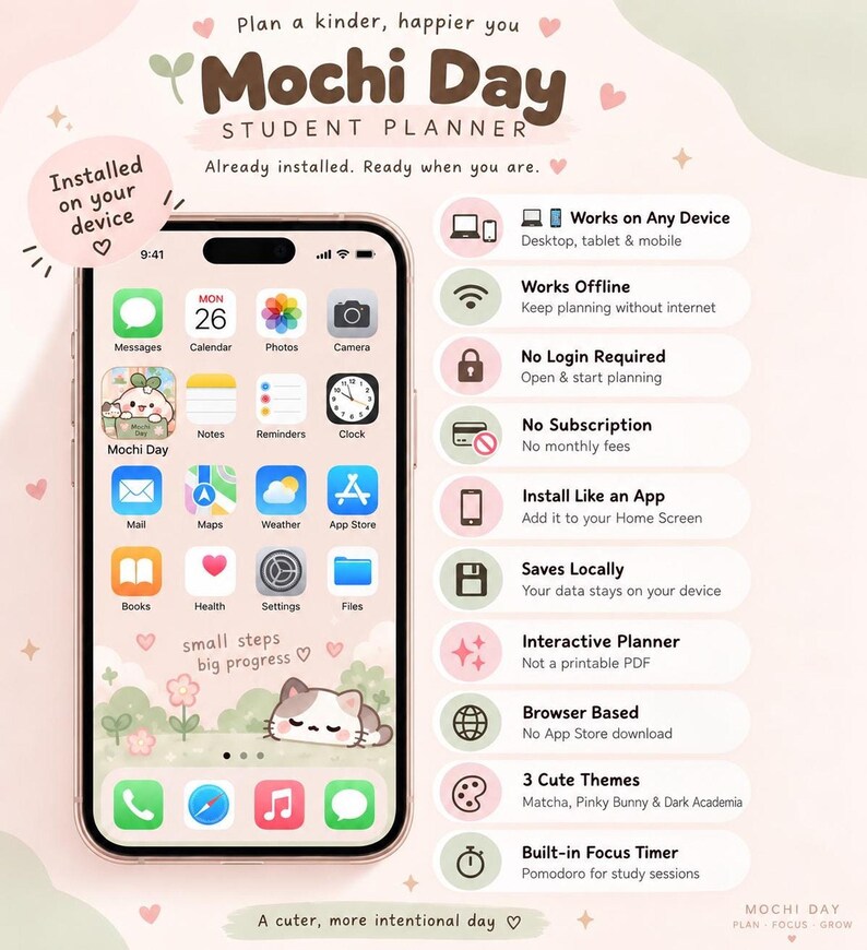 A smartphone showing the student planner home screen alongside a list of features including offline access, local saving, and no login required.