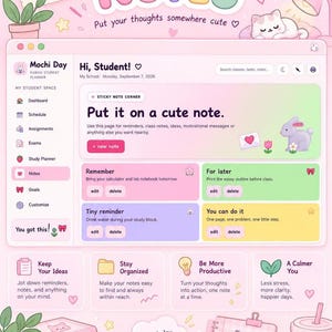 The notes page of the digital study planner is shown with customizable reminder sections and colorful pastel blocks.