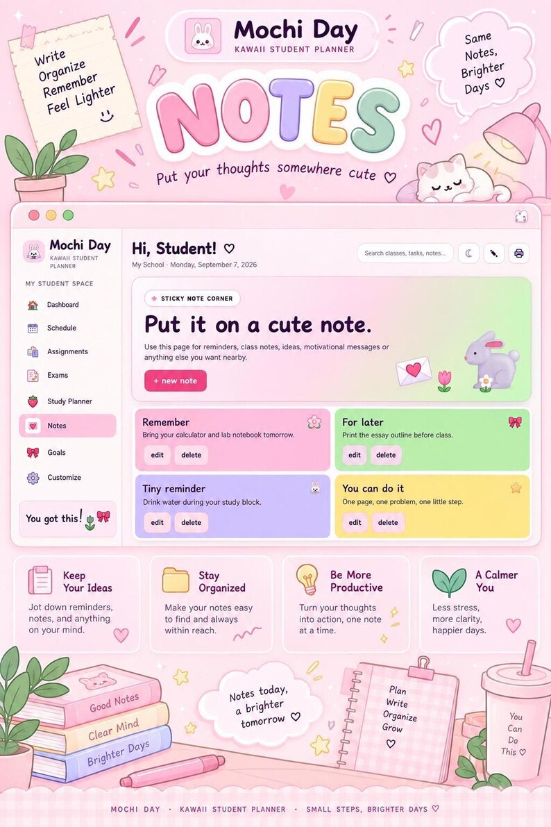 The notes page of the digital study planner is shown with customizable reminder sections and colorful pastel blocks.
