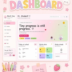 A close-up view of the dashboard screen for the student planner, featuring school progress, today's schedule, and quick stats.