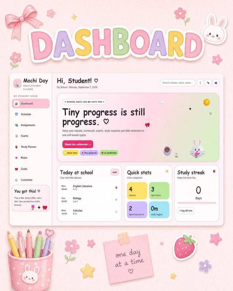 A close-up view of the dashboard screen for the student planner, featuring school progress, today's schedule, and quick stats.