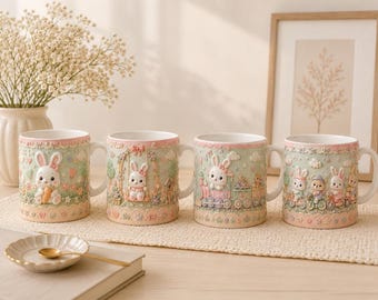 Envoltorio para taza con diseño de conejito en tonos pastel, 4 diseños PNG de Pascua para sublimación de 11 oz.