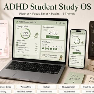Interactive ADHD Student Study Planner, Focus Timer, Habit Tracker, Brain Dump, 3 Themes