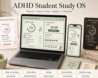 Interactive ADHD Student Study Planner, Focus Timer, Habit Tracker, Brain Dump, 3 Themes