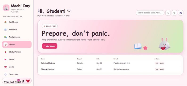 A screenshot of the Exams section of the Mochi Day student planner dashboard listing exams, subjects, dates, and study targets.