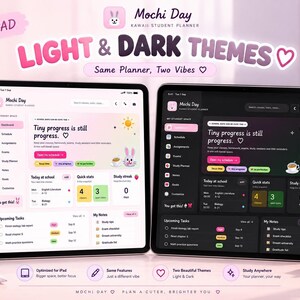 An iPad displaying the Mochi Day student planner app with both light and dark themes shown side by side on a decorated desk background.