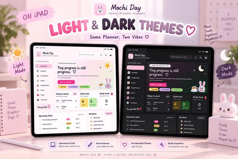 An iPad displaying the Mochi Day student planner app with both light and dark themes shown side by side on a decorated desk background.