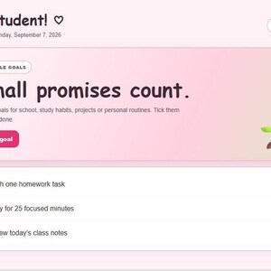 A screenshot of the Goals section of the Mochi Day student planner interface in pink and green with a cute rabbit illustration.