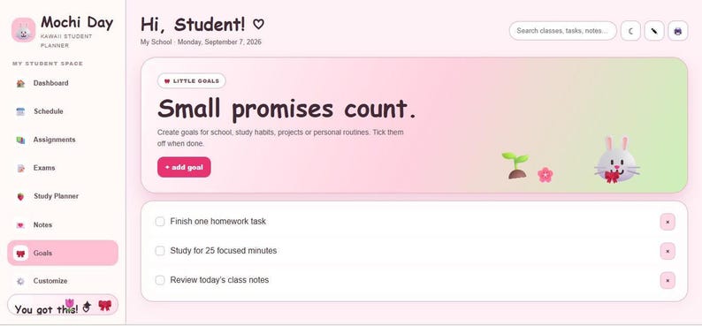 A screenshot of the Goals section of the Mochi Day student planner interface in pink and green with a cute rabbit illustration.