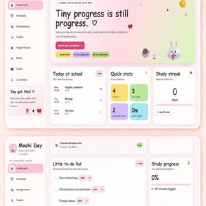 A long vertical view of the planner dashboard showing school progress, schedule, quick stats, to-do list, and colored sticky note widgets.
