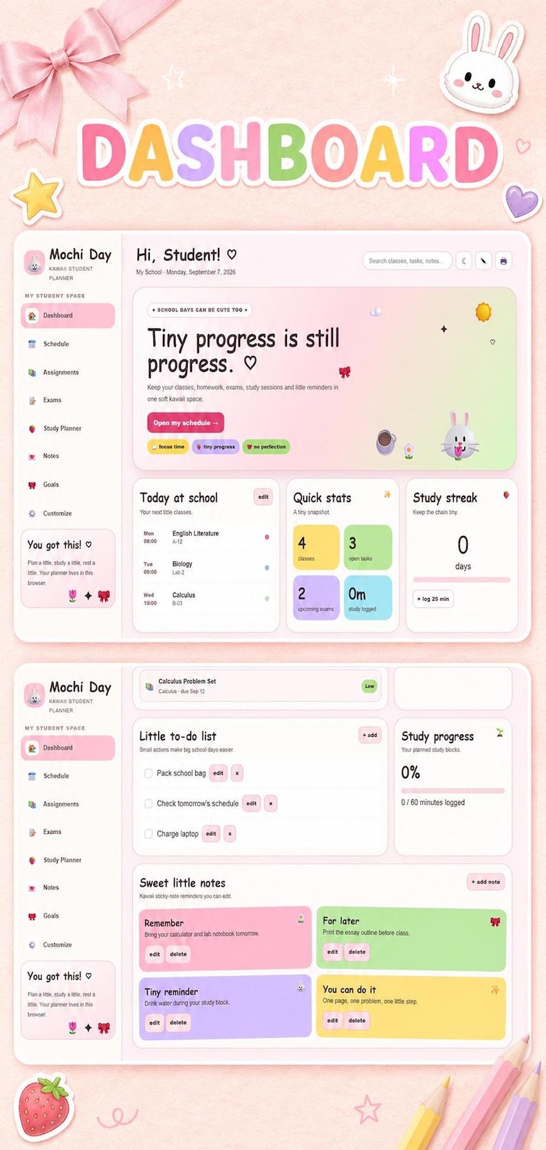A long vertical view of the planner dashboard showing school progress, schedule, quick stats, to-do list, and colored sticky note widgets.