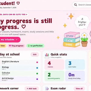 A close-up horizontal crop of the student planner dashboard shows the welcome banner, quick stats, and today at school schedule.