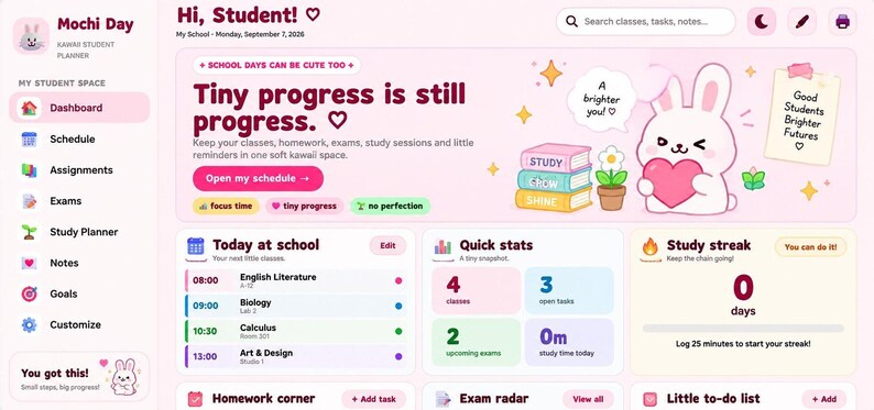 A close-up horizontal crop of the student planner dashboard shows the welcome banner, quick stats, and today at school schedule.