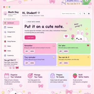 The sticky notes page of the digital planner is displayed featuring colorful reminder boxes and motivational quotes.