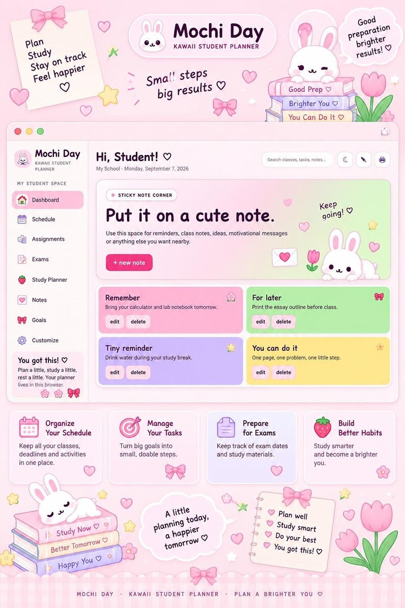 The sticky notes page of the digital planner is displayed featuring colorful reminder boxes and motivational quotes.