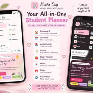 Two smartphones displaying the Mochi Day student planner app in light and dark modes with text detailing features like dashboard, schedule, and assignments.
