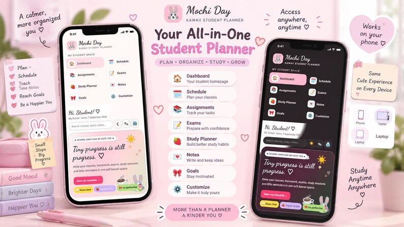 Two smartphones displaying the Mochi Day student planner app in light and dark modes with text detailing features like dashboard, schedule, and assignments.