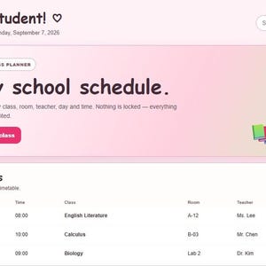 A screenshot of the Schedule section of the Mochi Day student planner showing an editable table of class times and rooms.