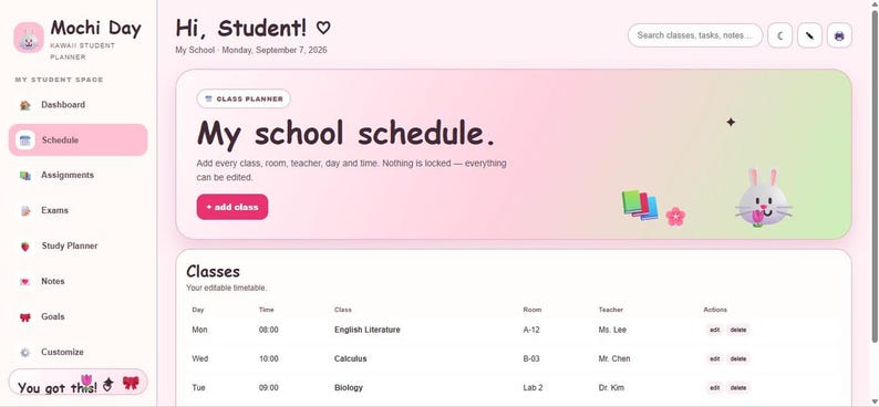 A screenshot of the Schedule section of the Mochi Day student planner showing an editable table of class times and rooms.