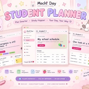 Three overlapping screens of the digital student planner are presented with pastel icons, a sleeping cat illustration, and feature highlights.