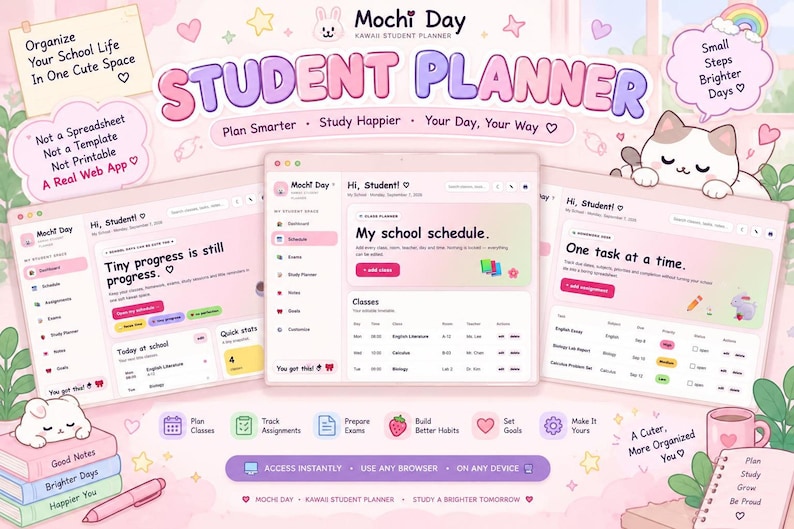 Three overlapping screens of the digital student planner are presented with pastel icons, a sleeping cat illustration, and feature highlights.