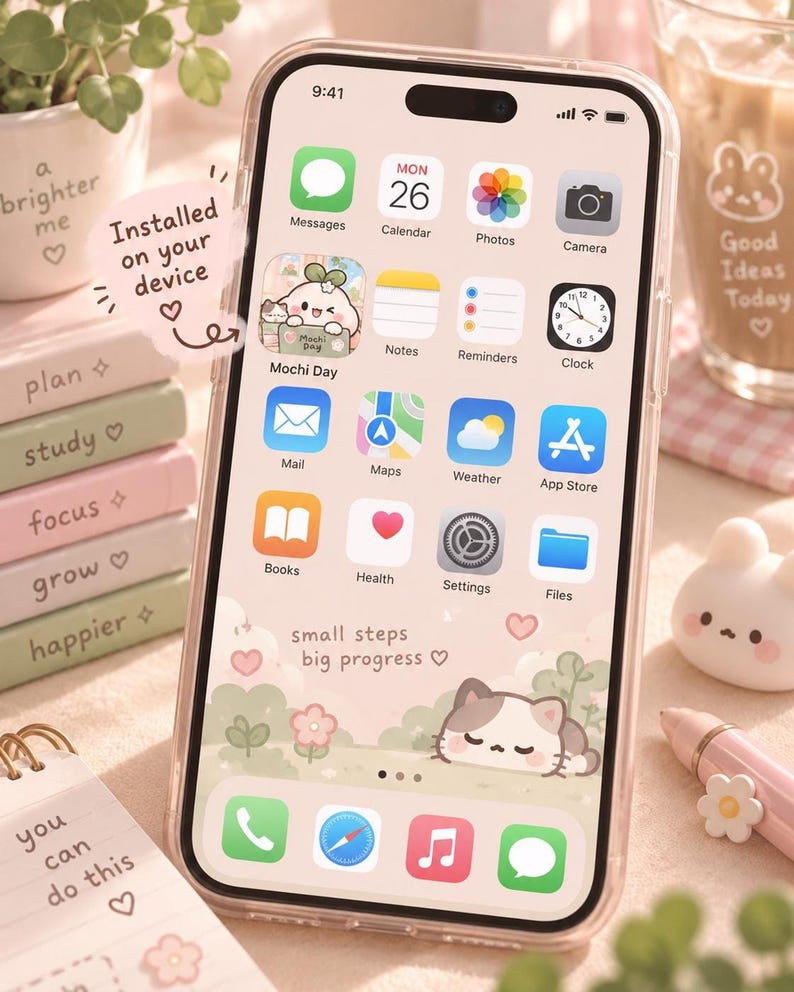 A smartphone displaying a home screen with app icons and a cute cat illustration, surrounded by stacked pastel notebooks and a pen holder.