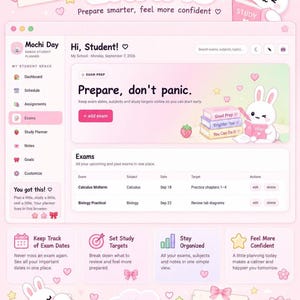 The exams preparation page of the student planner is shown listing upcoming tests, subjects, dates, and target grades.