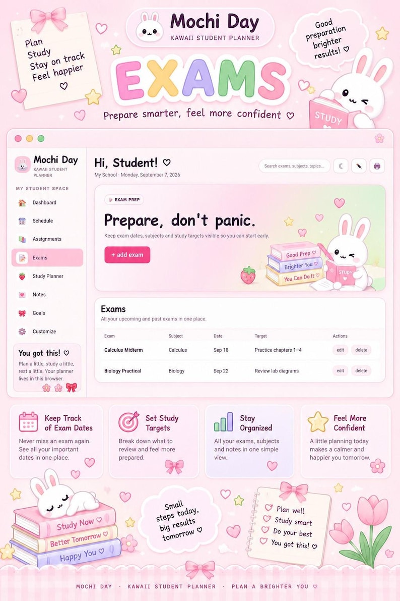 The exams preparation page of the student planner is shown listing upcoming tests, subjects, dates, and target grades.