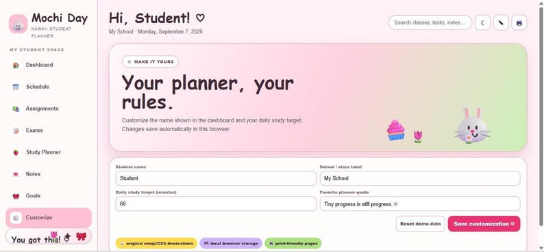 A screenshot of the Customize settings page of the Mochi Day student planner interface for updating student name and school label.