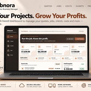 Puede incluir: Un ordenador portátil que muestra el panel de gestión empresarial Jobnora. La pantalla presenta herramientas de gestión de proyectos, datos financieros y métricas de seguimiento. El texto incluye Run Your Projects y Grow Your Profits.