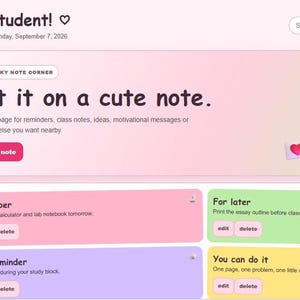 A cropped wide view of the digital notes section displays pink, green, blue, and yellow memo boxes with edit and delete buttons.
