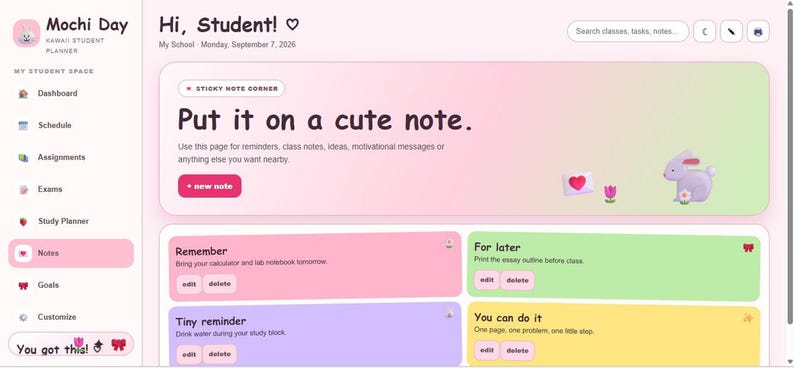 A cropped wide view of the digital notes section displays pink, green, blue, and yellow memo boxes with edit and delete buttons.