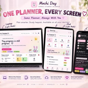 A laptop, tablet, and smartphone displaying the Mochi Day student planner interface across different screens on a pink desk setting.